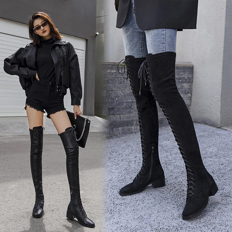 过膝马丁靴女英伦秋冬方头粗跟中大腿时装靴