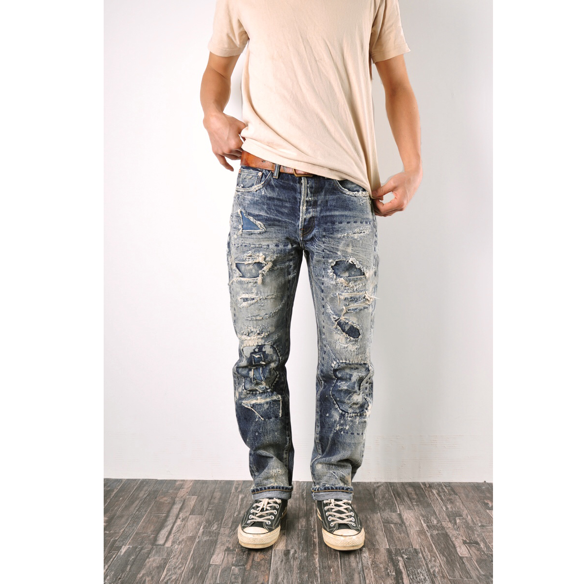 WIROTE/威络 重磅糜烂大补丁破洞拼接刺子手缝水洗赤耳牛仔裤16oz