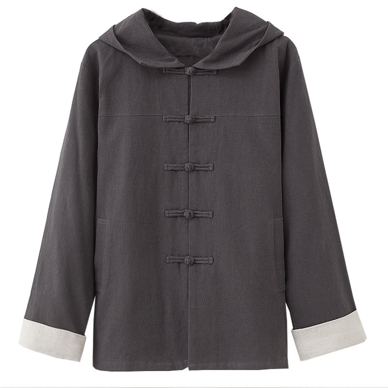 原创春季亚麻唐装中国风大码连帽汉服男宽松唐装