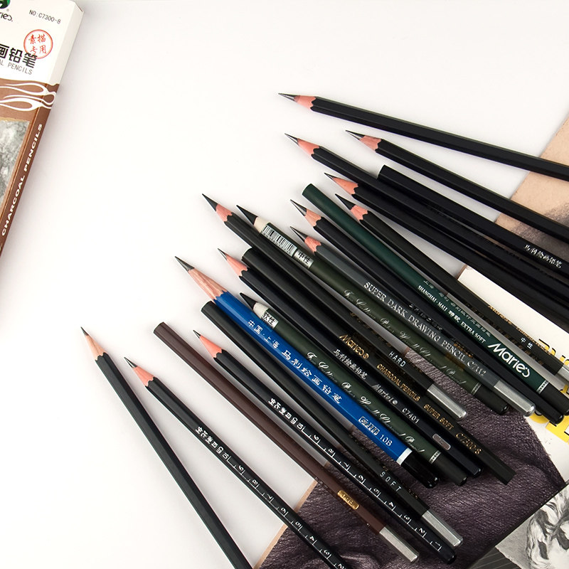 铅笔画材批发马利2h12b14b特浓特黑亚光绘图炭笔