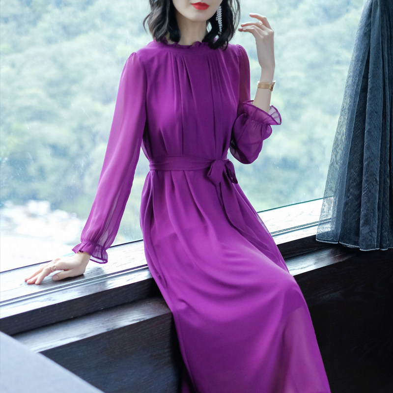 紫色雪纺连衣裙女春2022新款中长气质宽松松显连衣裙