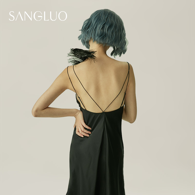 SANGLUO真丝吊带蕾丝睡裙桑蚕丝小性感镂空礼服裙可外穿凉感睡衣 - 图3