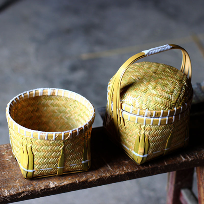传统手工艺竹编提篮茶饼收纳工艺品竹编