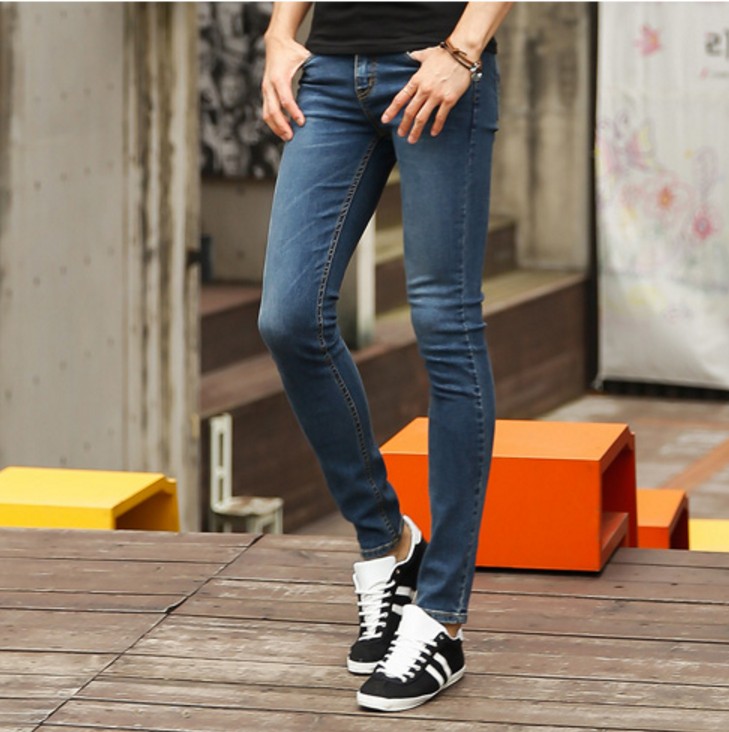 韩国小脚做旧复古紧身牛仔裤男明星同款小脚修身牛仔长裤小脚裤男