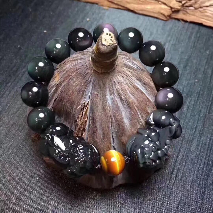 貔貅天然曜石双手链冰彩小歪头黑曜石手串男女手链