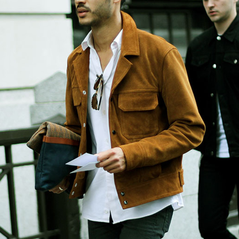 春秋季仿麂皮绒夹克男修身青年短款工装外套翻领休闲美式复古潮