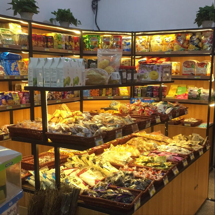 钢木结合促销流水展示台中岛柜散称食品台超市零食货架