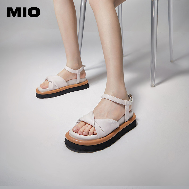mio米奥女鞋柔软羊皮皮革仙女甜美蝴蝶结拖鞋时尚休闲沙滩鞋