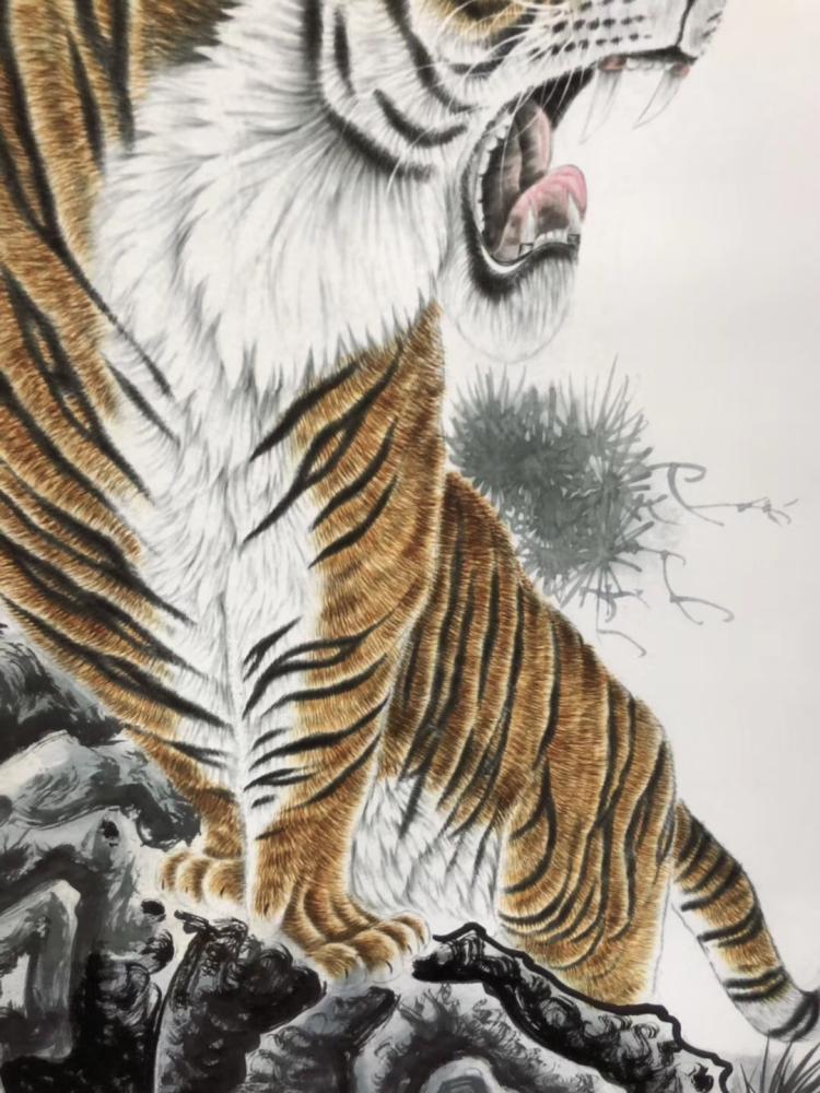 老虎上山财纳国画工笔走兽字画办公室客厅卧室国画