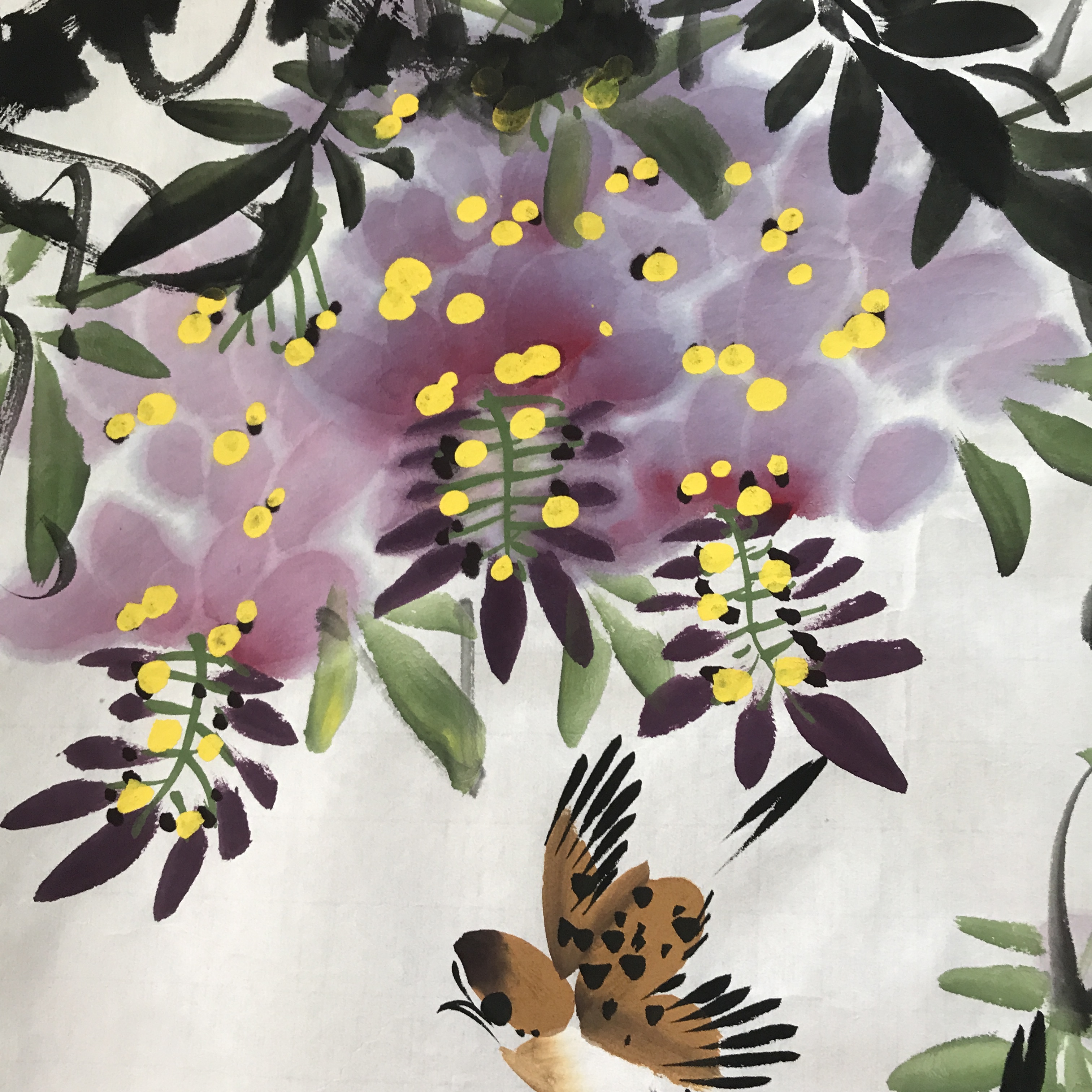 紫气东来三尺斗方纯手绘紫藤花鸟国画风水招财字画客厅玄关装饰画