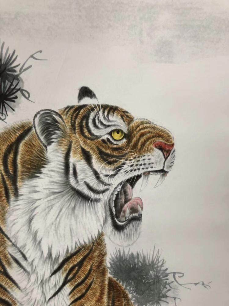老虎上山财纳国画工笔走兽字画办公室客厅卧室国画