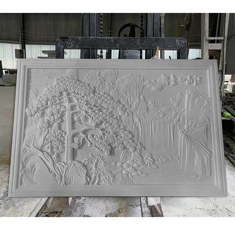 汉白玉大理石青石石雕迎客松山水浮雕外墙雕花花影石雕