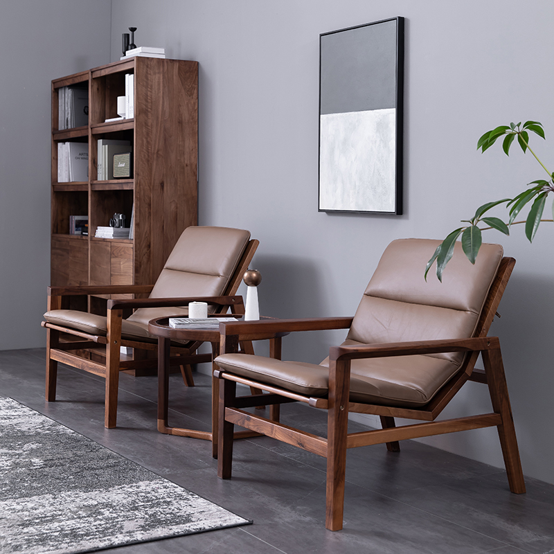 北美胡桃木家具阳台真皮休闲单人沙发椅子实木沙发椅