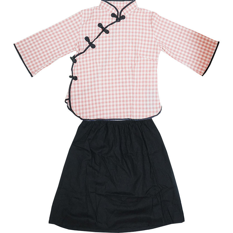 茶小居家内衣格子民国学生装七分棉麻睡衣