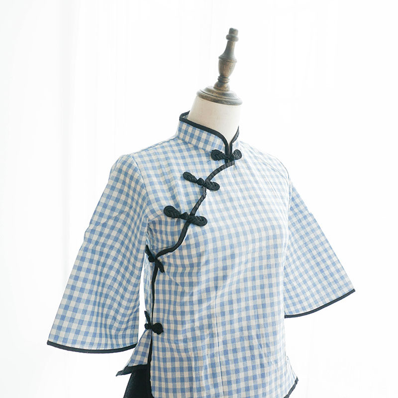 茶小居家内衣格子民国学生装七分棉麻睡衣