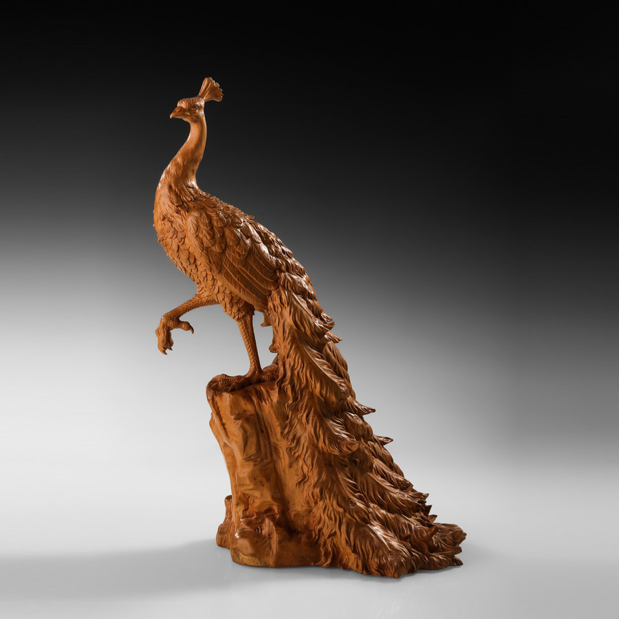 吴尧辉大师作品黄杨木雕孔雀手工手工艺艺术珍藏木雕