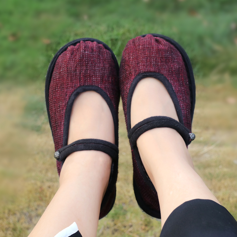 原创手工千层复古布鞋女圆头一脚脚蹬一字棉麻布鞋