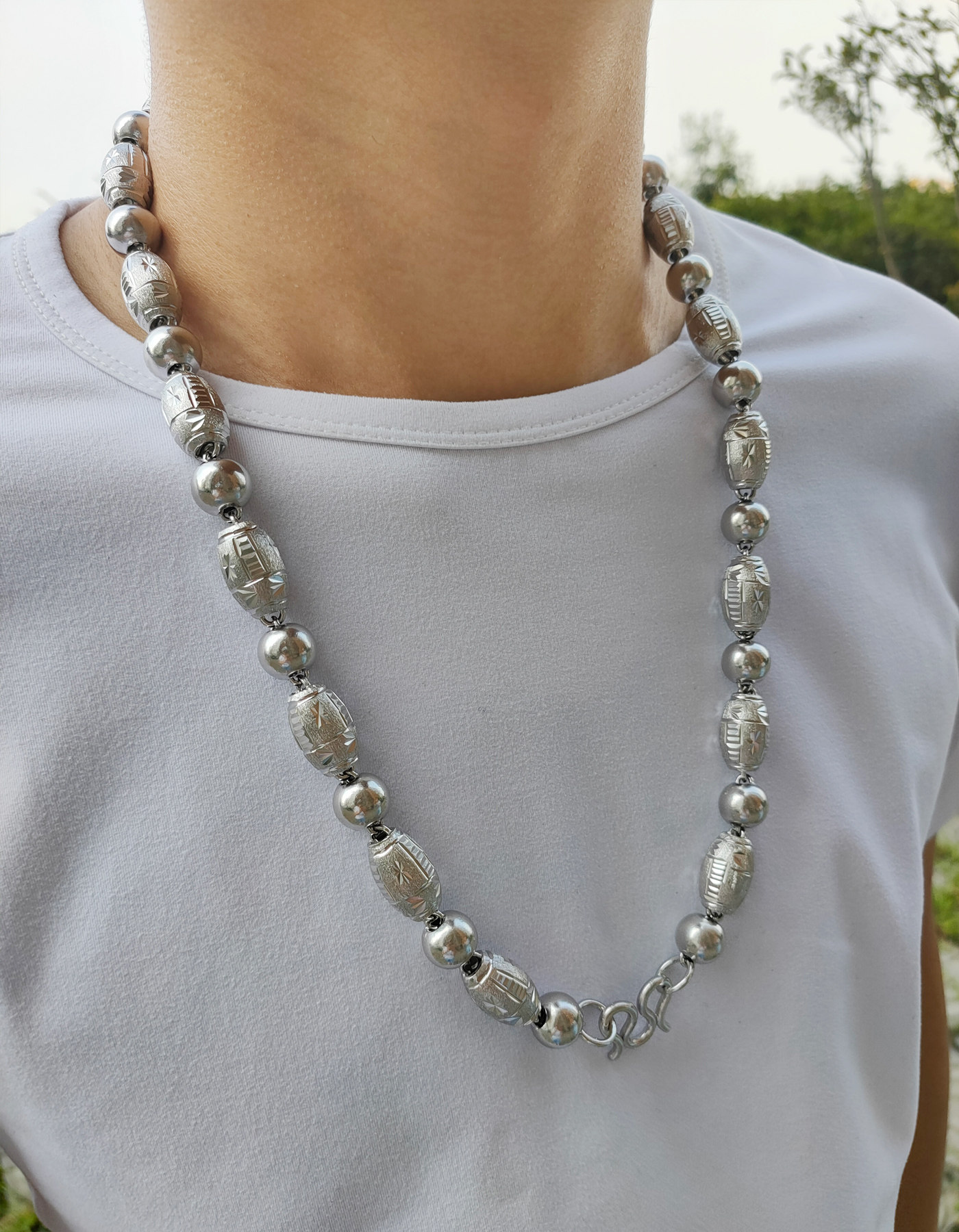 铂金项链pt950橄榄间珠链子纯白白金包足银男款项链