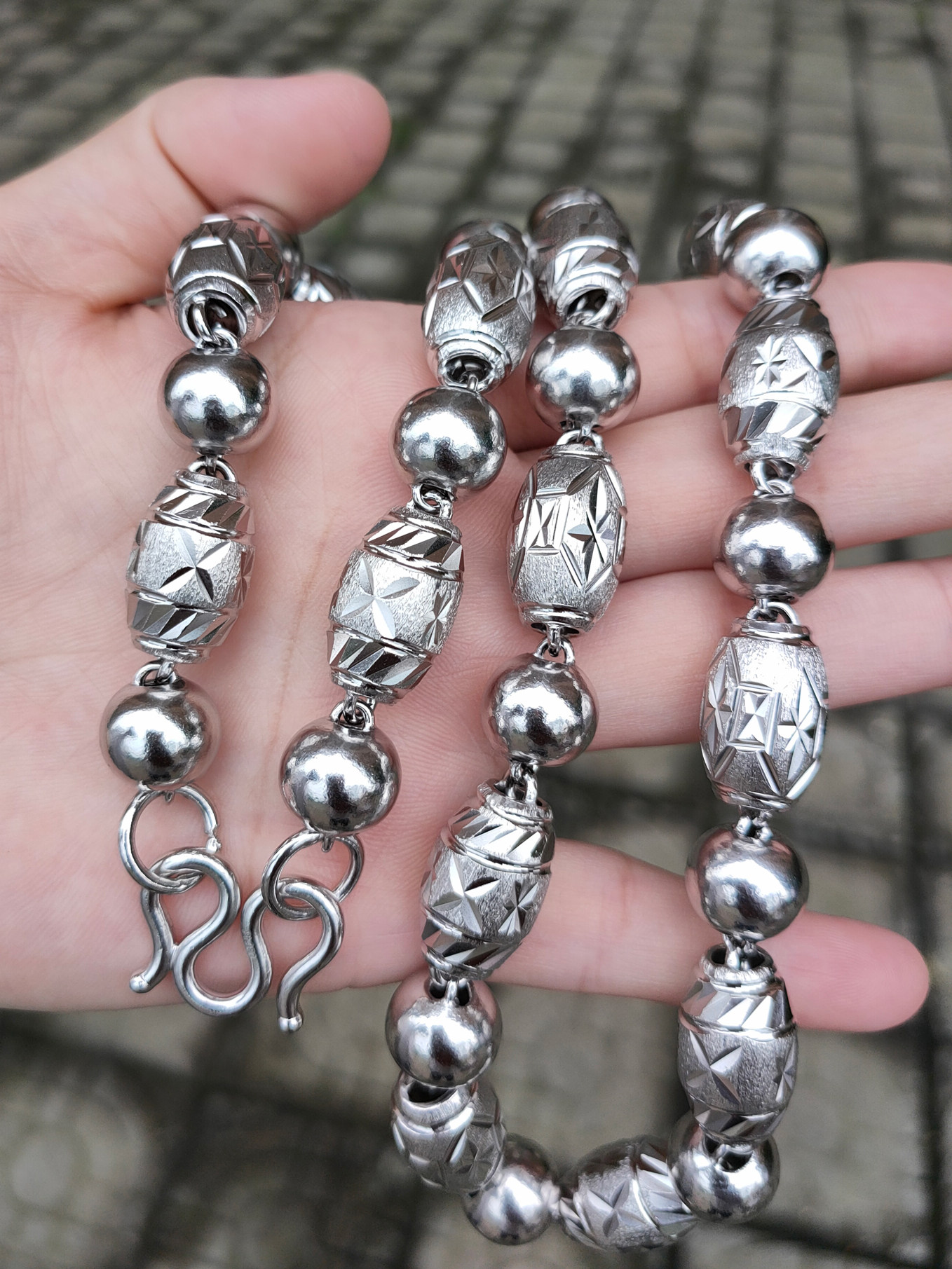 铂金项链pt950橄榄间珠链子纯白白金包足银男款项链