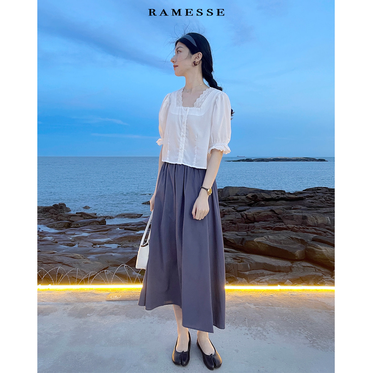 ramesse设计款伞中长松紧系结复古文艺雾霾半身半身裙