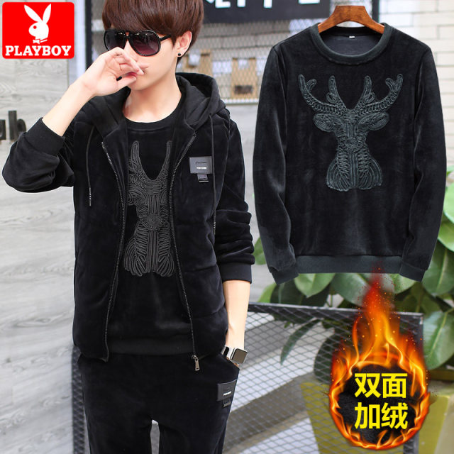 Playboy flagship gold velvet sweater suit men's autumn and winter three-piece Korean style trendy casual sports jacket Playboy flagship gold velvet sweater suit men's autumn and winter three-piece Korean style trendy casual sports jacket