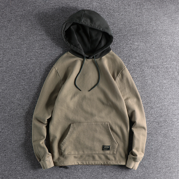 自然水洗做旧撞色青年帽衫加绒舒适宽松欧美男士套头卫衣