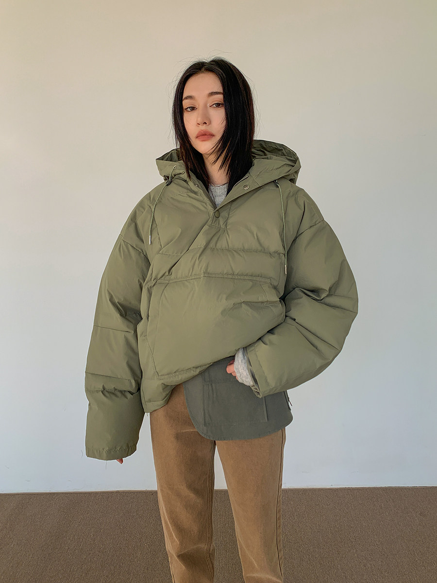 韩国stylenanda冬季新款落肩绗缝连帽保暖套头夹克棉衣