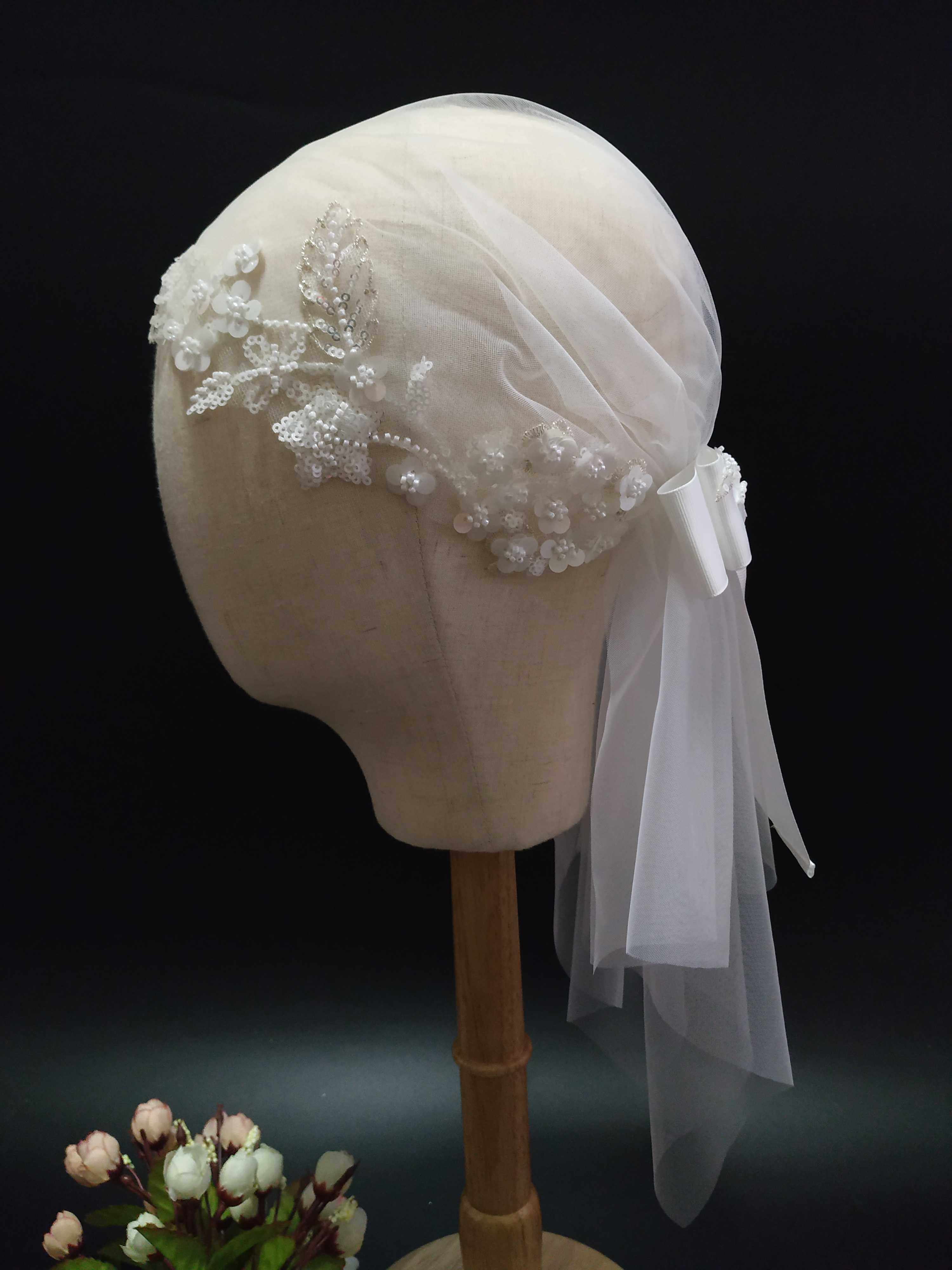 晶世因缘原创仙美蕾丝珠绣帽子头纱复古蝴蝶结头纱