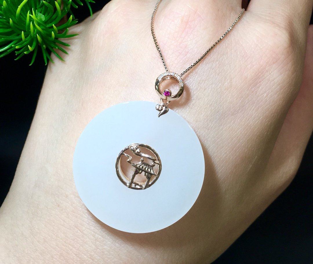 双十和田吊坠羊脂白玉平安扣镶嵌18k黄金项链颈饰