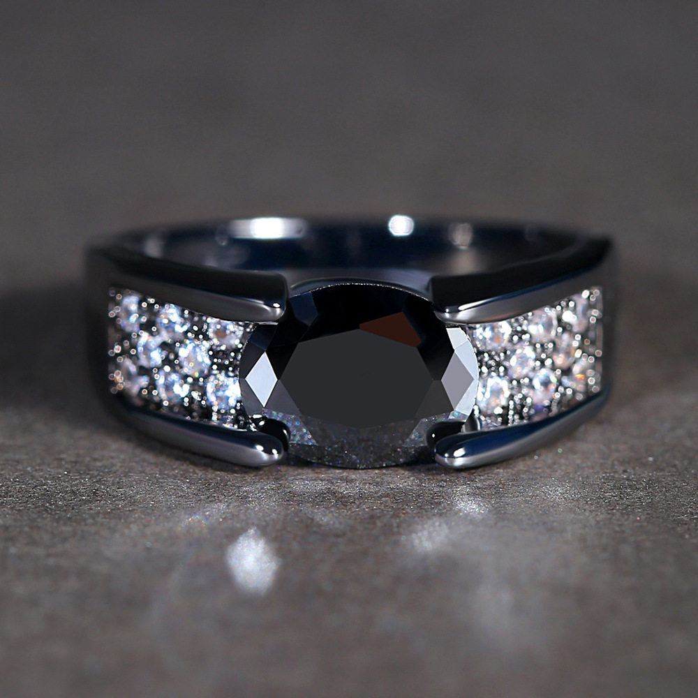 黑金镶嵌戒指锆石黑色椭圆指环聚会派对戒指