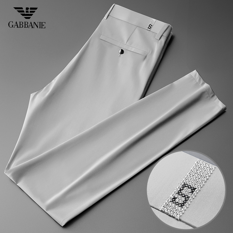 奇 阿玛尼 亚冰丝休闲裤男士长裤夏季超薄款直筒四面弹浅灰色西裤