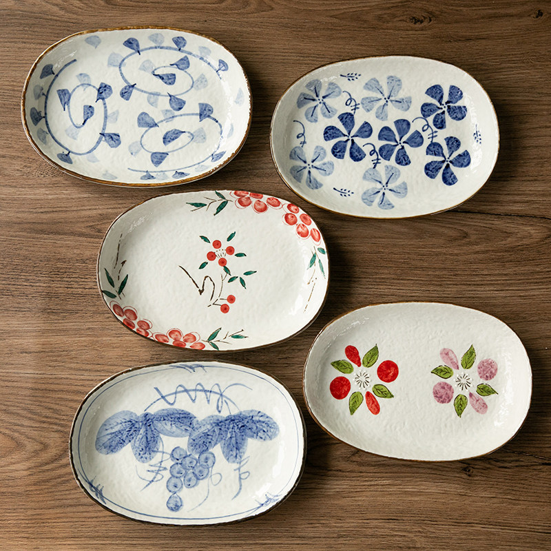 日本美浓烧手绘复古陶瓷盘子日式咖喱饭盘椭圆盘