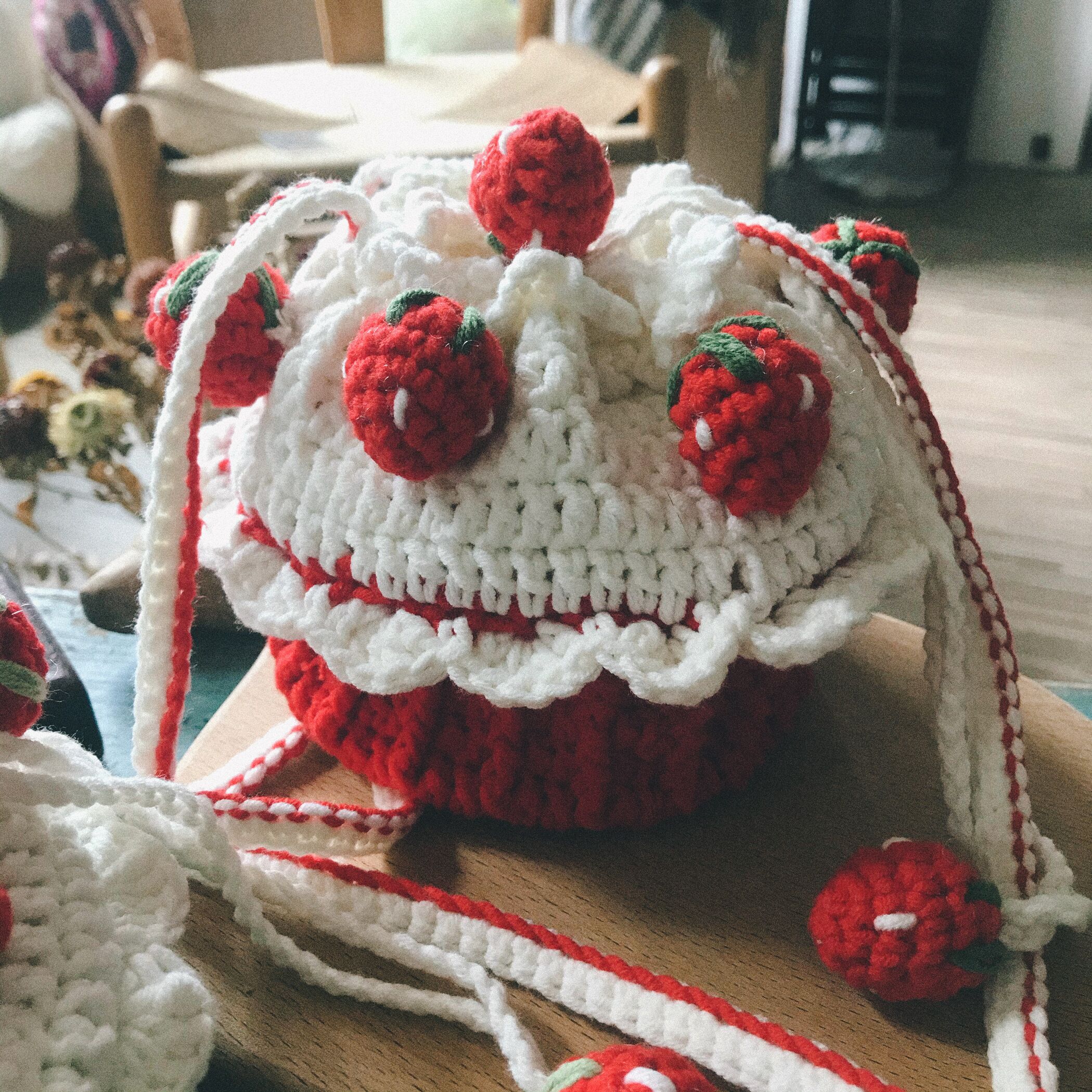 草莓蛋糕包包手织毛线针织自制束口包diy材料包编织 成品 材料包