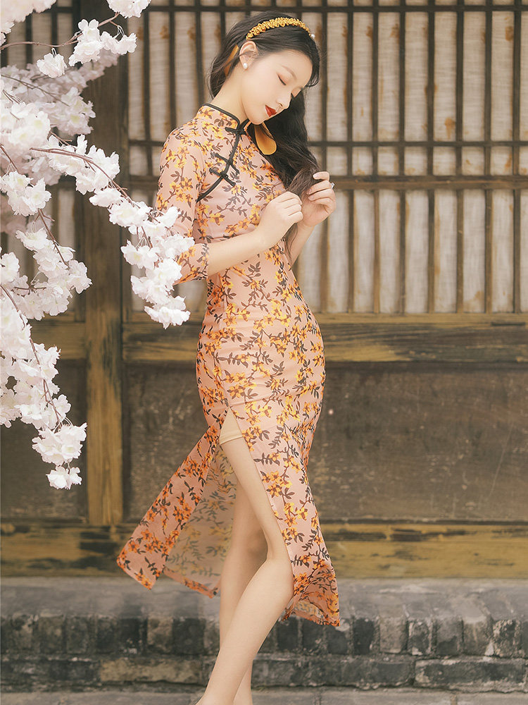 法式古典旗袍改良碎花连衣裙设计感性性感开叉旗袍
