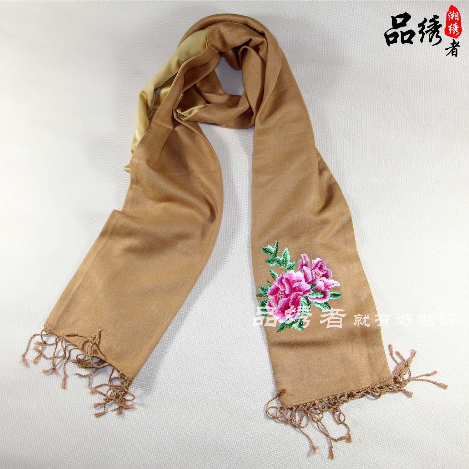湘绣精品围巾羊绒丝巾秋冬季女士围脖手工真丝湘绣