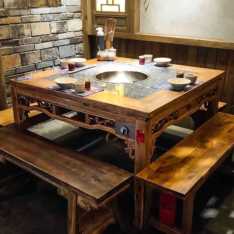 火锅桌椅组合商用燃气灶电磁炉一体桌子饭店餐馆火锅桌