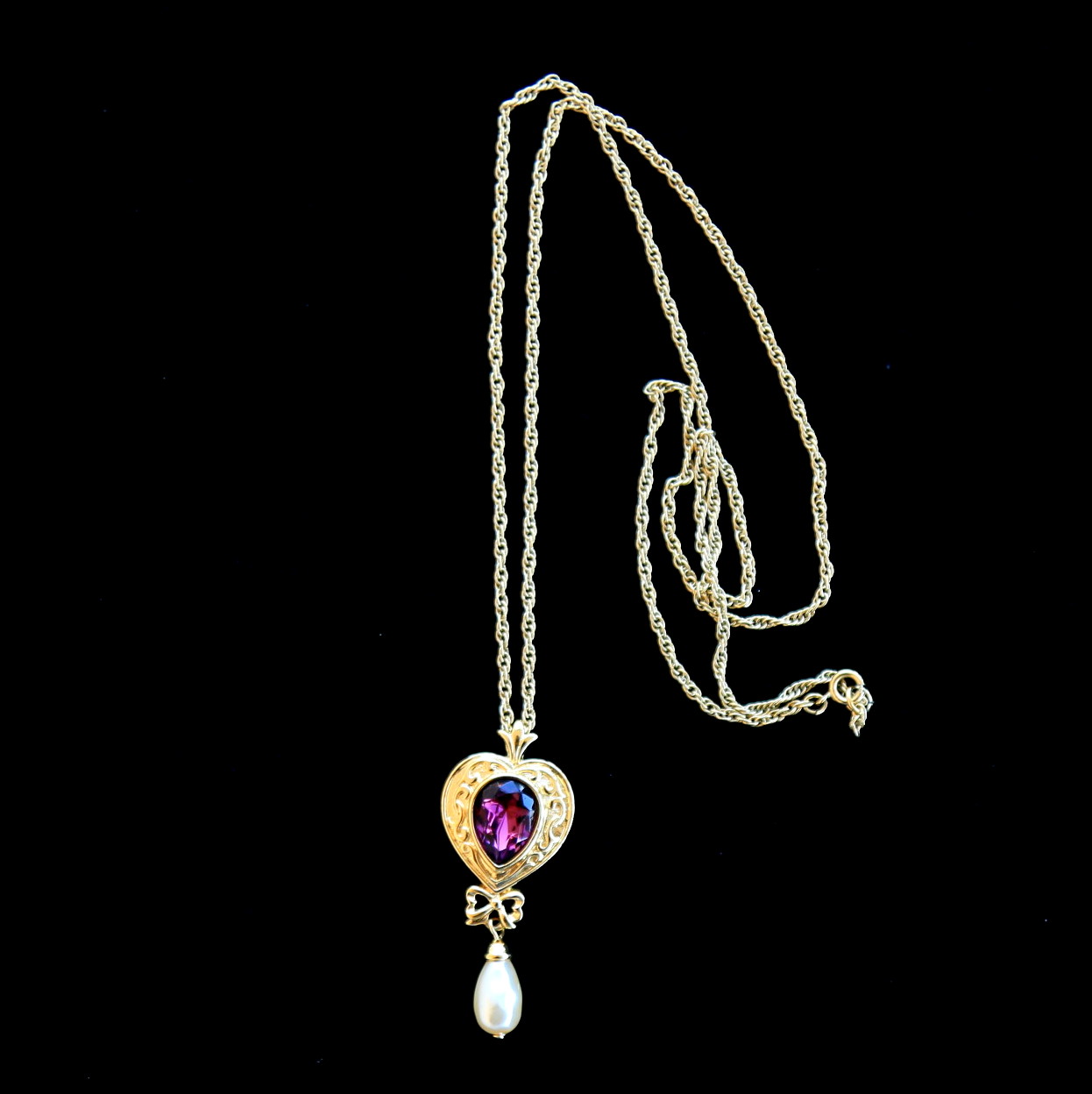 复古大衣vintage中古饰品紫宝宝石心形珍珠吊坠项链