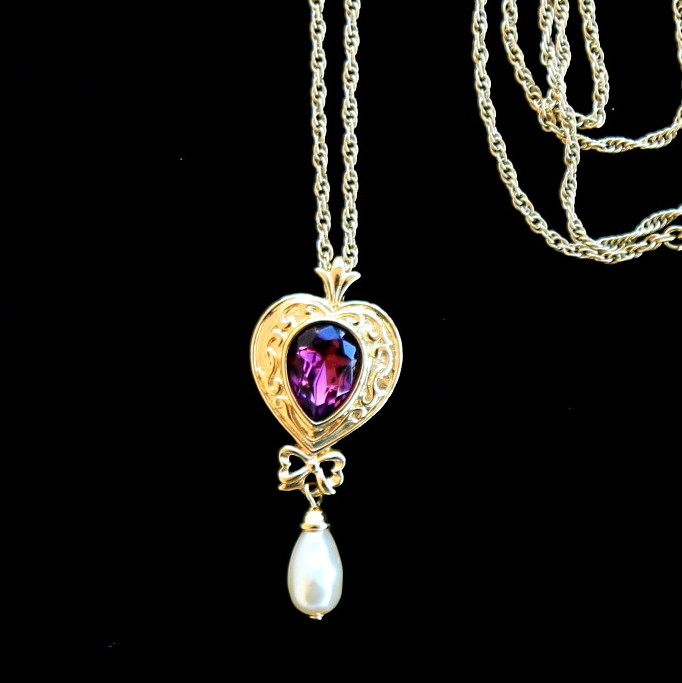 复古大衣vintage中古饰品紫宝宝石心形珍珠吊坠项链