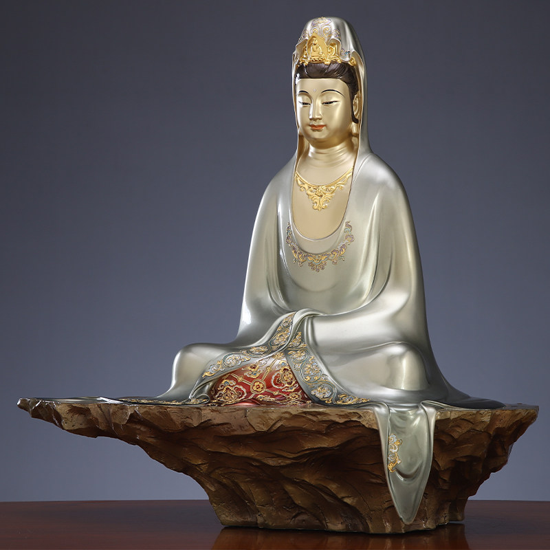 台湾纯铜自在观音佛像家用观世音菩萨水月观音办公室摆件