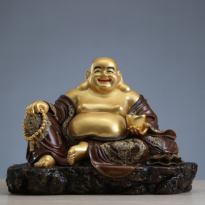 大肚弥勒佛像笑佛菩萨台湾纯铜金银宽体坐山摆件