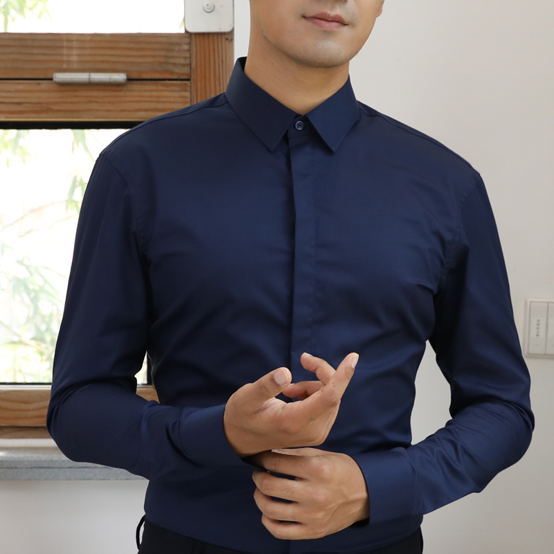 衬衫男长袖免烫修身商务休闲正装衬衣暗门襟韩版职业装深蓝色男装