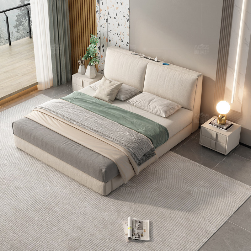 雅居轩双人床现代简约北欧网红卧室高箱软豆腐块猫抓布艺布艺床