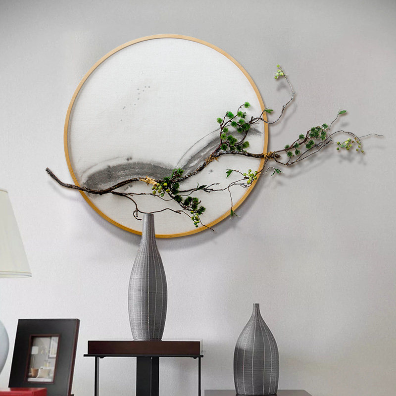 新中式树枝圆框玄关水墨画手绘挂画圆形松柏仿真现代装饰画