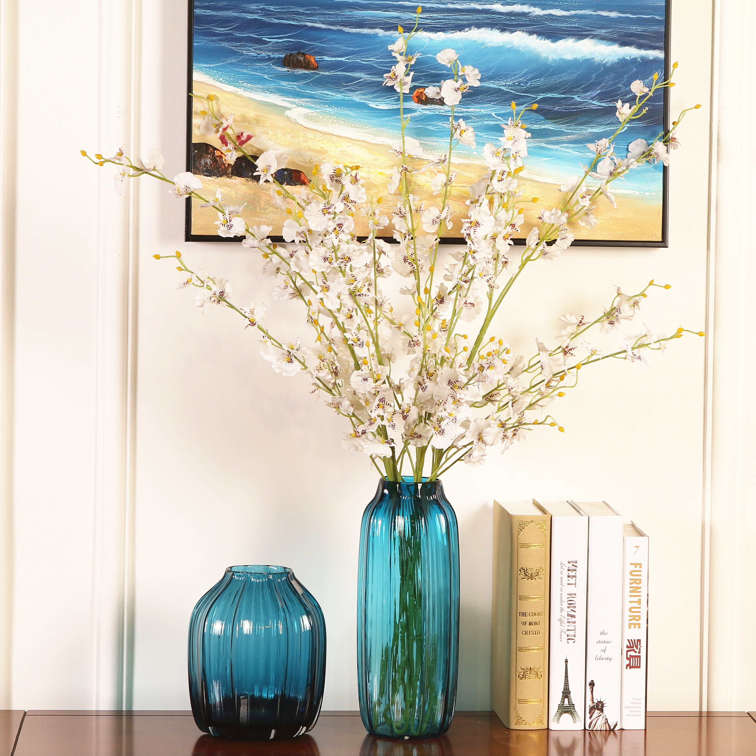 简约现代欧式蓝色玻璃花瓶 水培透明小清新插花花艺套装餐桌摆件