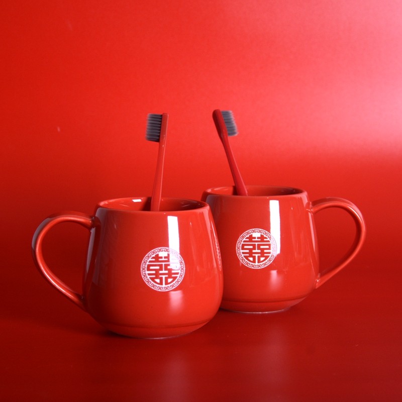 结婚牙刷杯子陶瓷牙缸杯创意情侣一对红色双喜洗漱杯