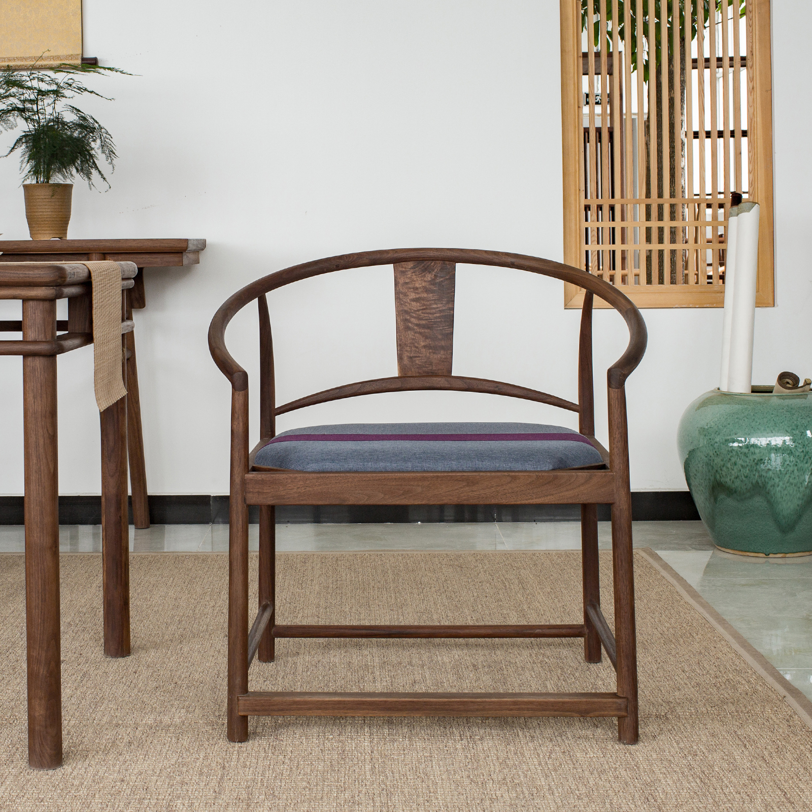 玄静阁实木现代简约家具禅意榆木椅子胡桃新中式圈椅圈椅