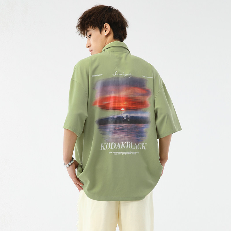 kodakblack复古夕阳风景图案宽松短袖衬衫夏季个性国潮凉爽衬衣男