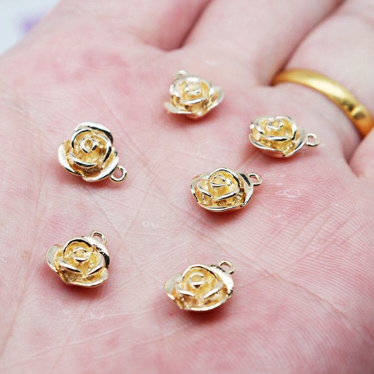 14k包金立体玫瑰花吊坠手工diy手链挂件手串其他diy饰品配件