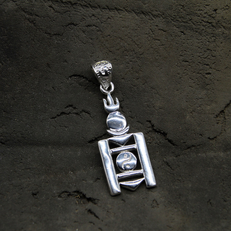 蒙古项链元素吊坠古索永布图案男士纯银饰品项链