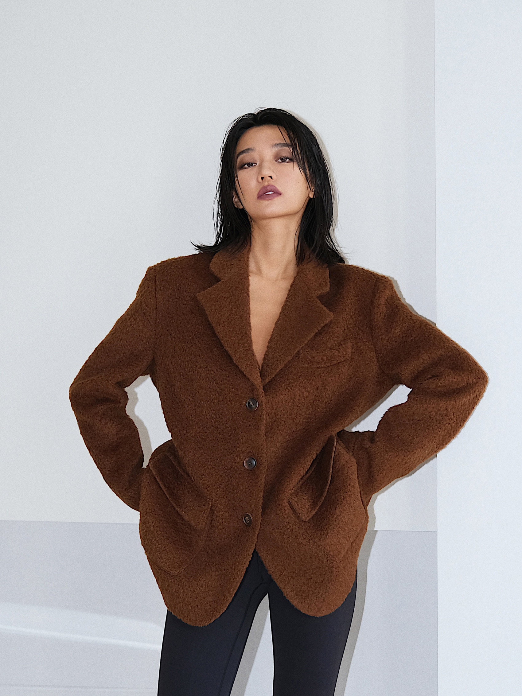 mirandasong欧美冬季新款阔肩羊驼驼毛显瘦百搭毛呢外套